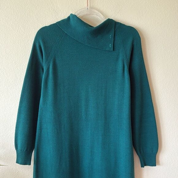 80’s Vintage Abercrombie & Fitch Emerald Green Fold Over Turtle Neck Midi Dress - Picture 2 of 12